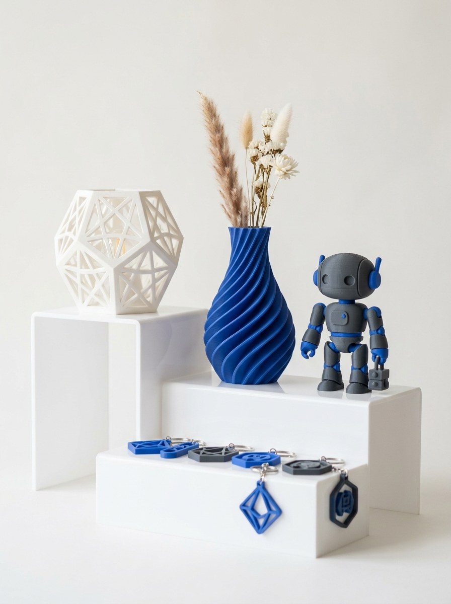 Peças impressas em 3D: luminária, vaso, robô colecionável e chaveiros